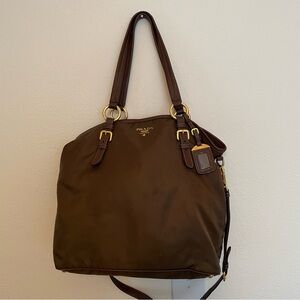 Prada Tessuto Nylon Calf Leather Trim Convertible Tote Chocolate Brown